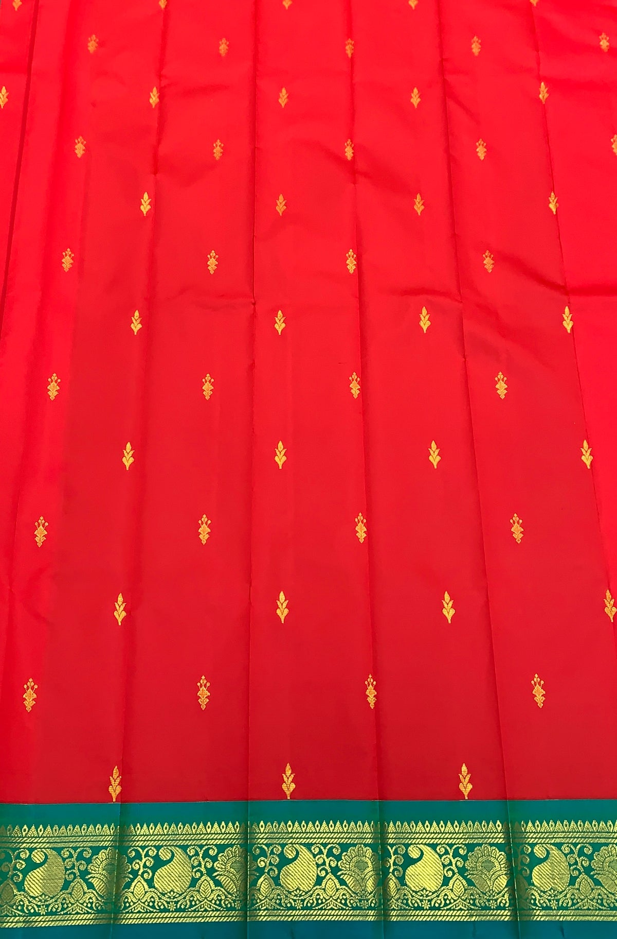 Semi Silk Saree Red Colour with Teal Green and Gold Zari Border