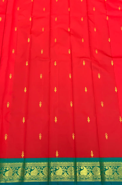 Semi Silk Saree Red Colour with Teal Green and Gold Zari Border