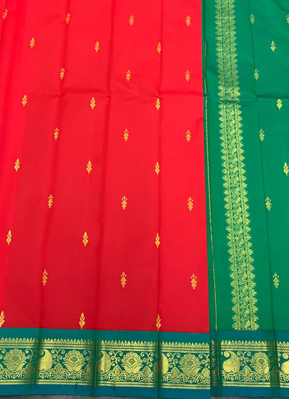 Semi Silk Saree Red Colour with Teal Green and Gold Zari Border
