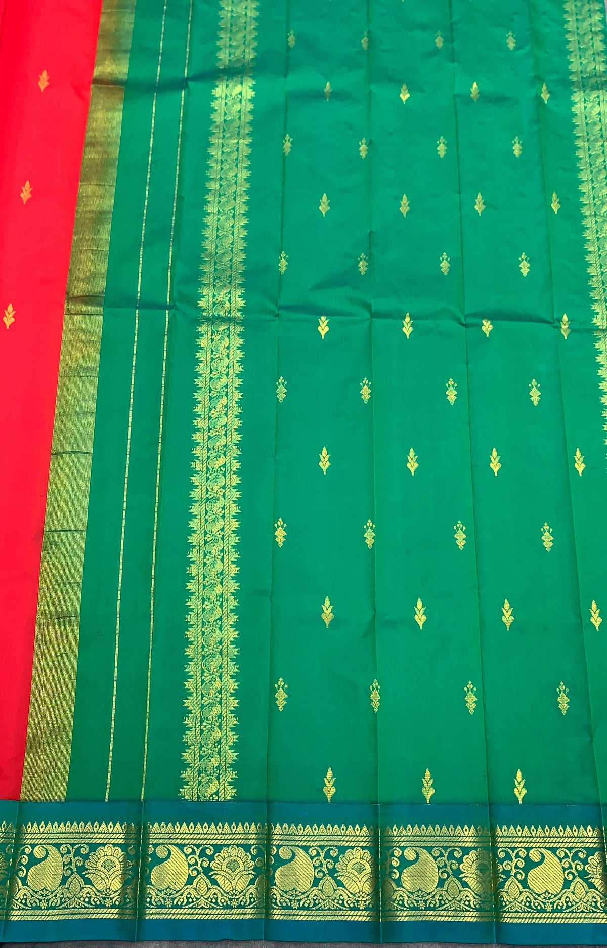 Semi Silk Saree Red Colour with Teal Green and Gold Zari Border
