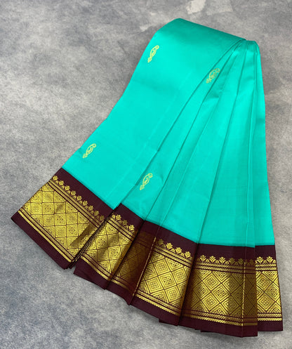 Semi Silk Saree Sapphire Colour with Brown and Gold Zari Border