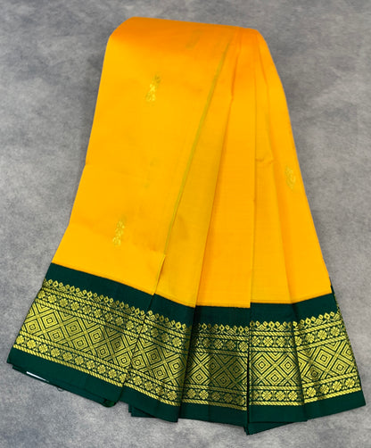 Semi Silk Saree Yellow Colour with Green and Gold Zari Border