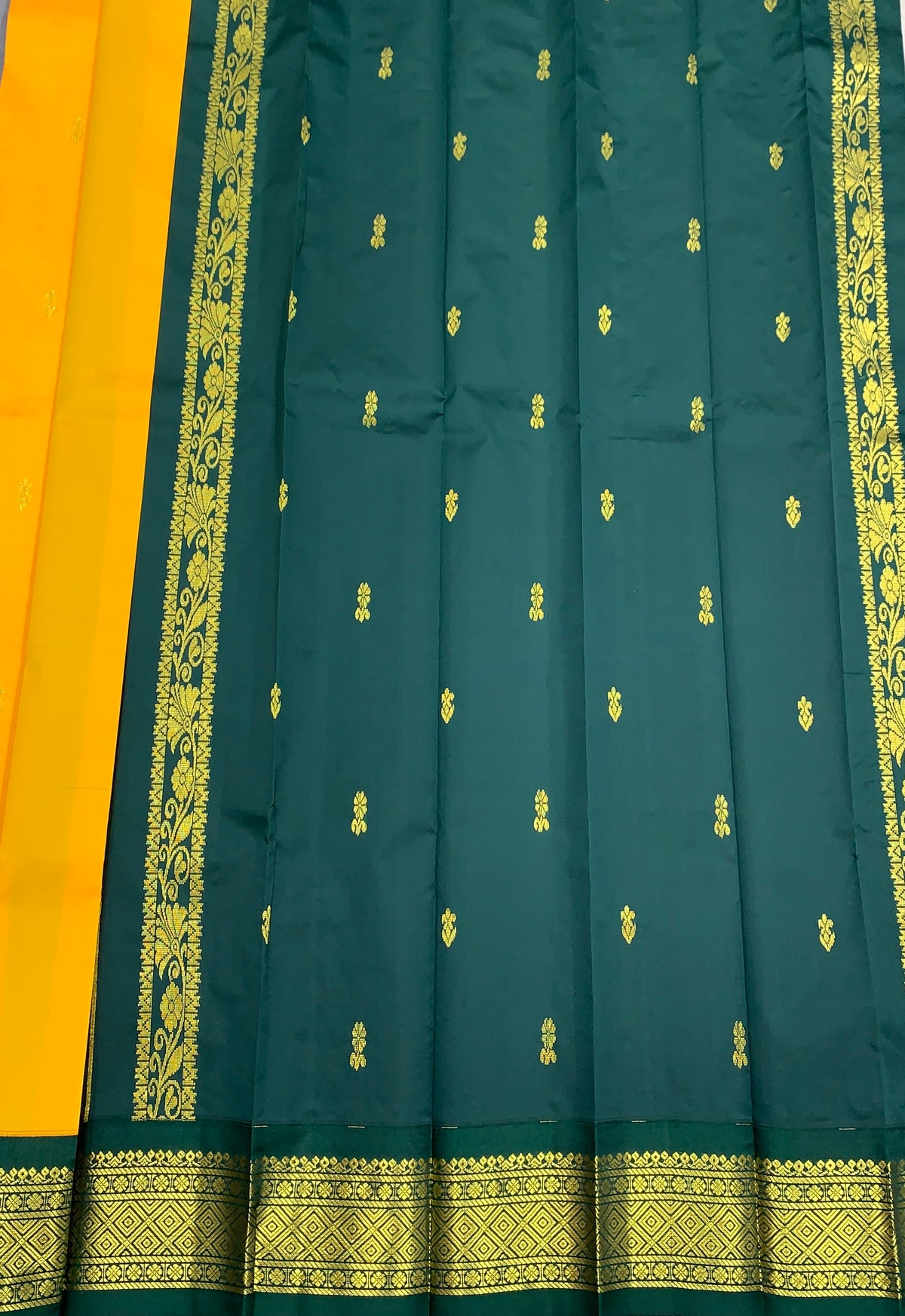 Semi Silk Saree Yellow Colour with Green and Gold Zari Border