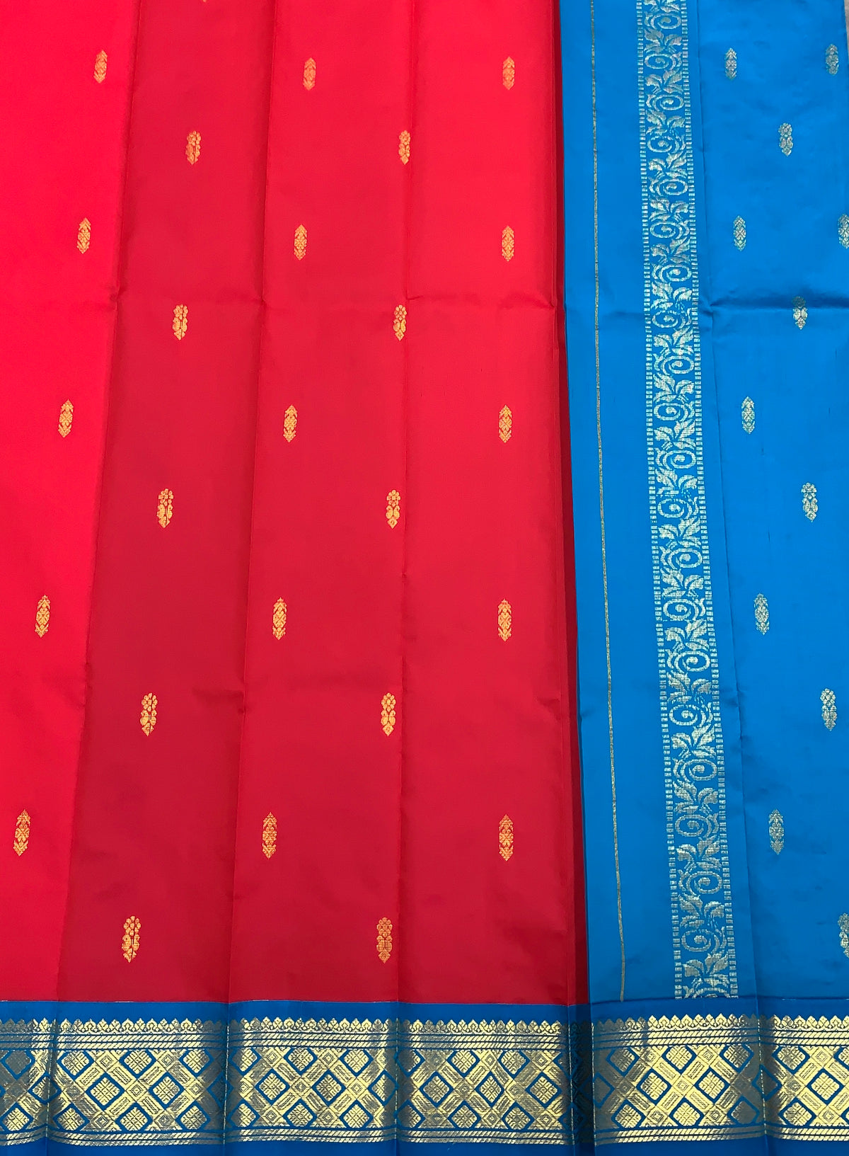 Semi Silk Saree Red Colour with Sapphire and Gold Zari Border