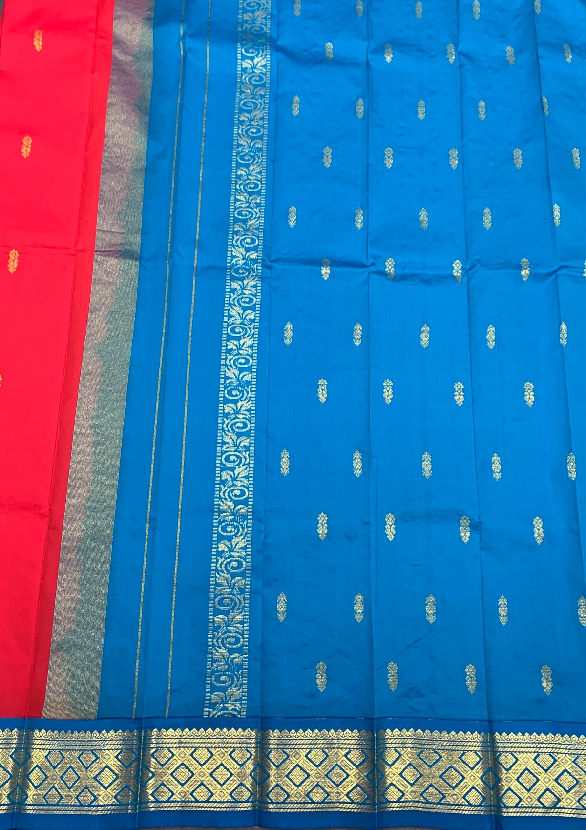 Semi Silk Saree Red Colour with Sapphire and Gold Zari Border