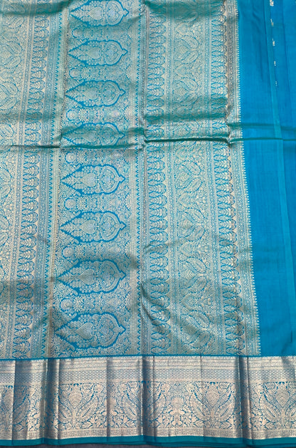 Pure Kanchipuram Silk Saree Sky Blue Colour with Golden zari Border