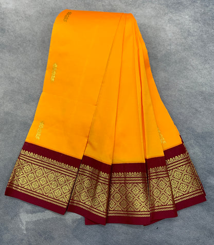 Semi Silk Saree Mango Yellow Colour with Brown and Gold Zari Border