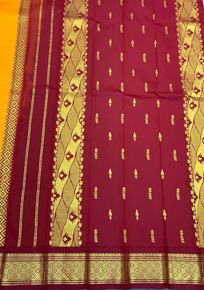 Semi Silk Saree Mango Yellow Colour with Brown and Gold Zari Border