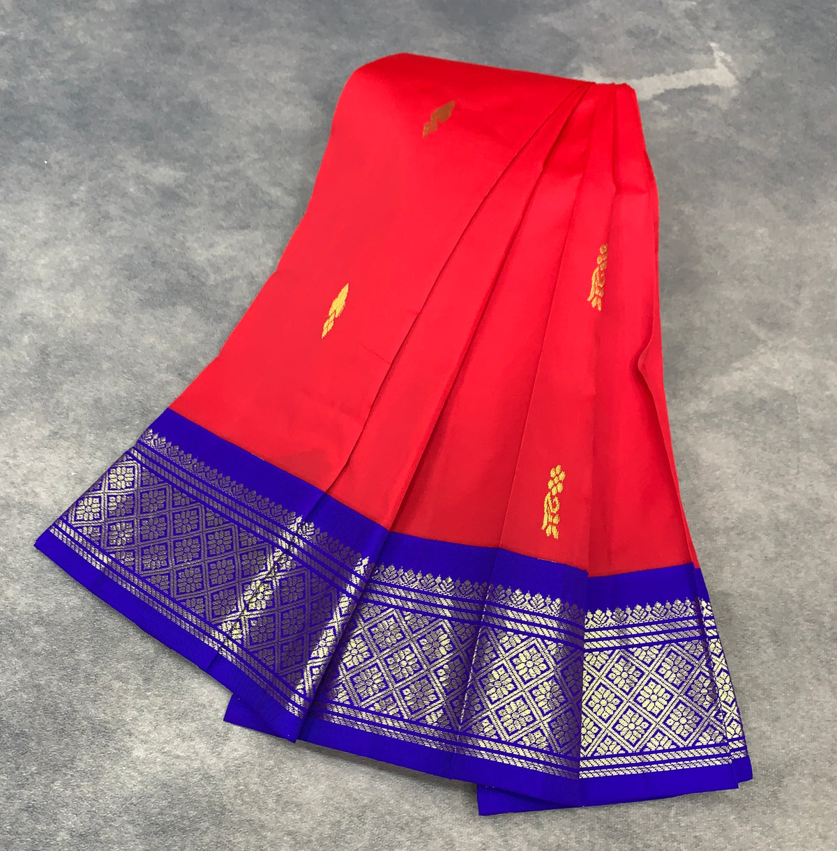 Semi Silk Saree Red Colour with Blue and Gold Zari Border