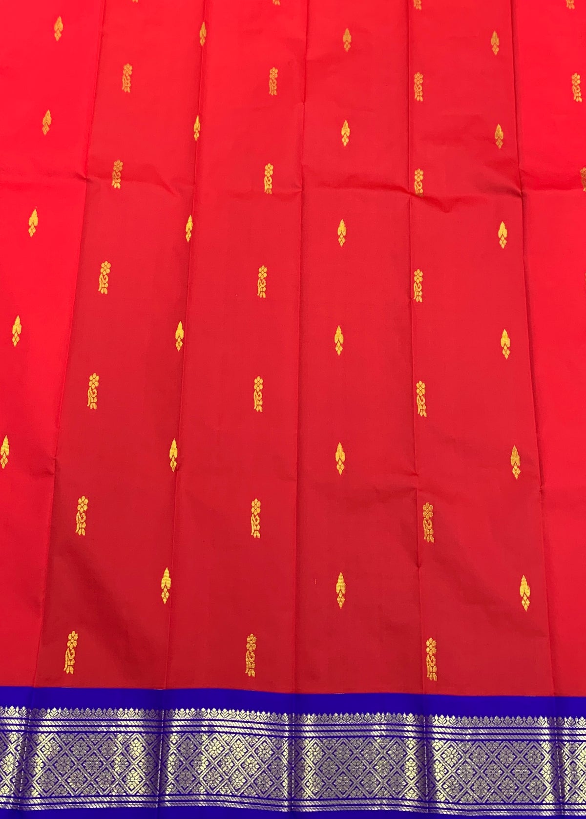 Semi Silk Saree Red Colour with Blue and Gold Zari Border