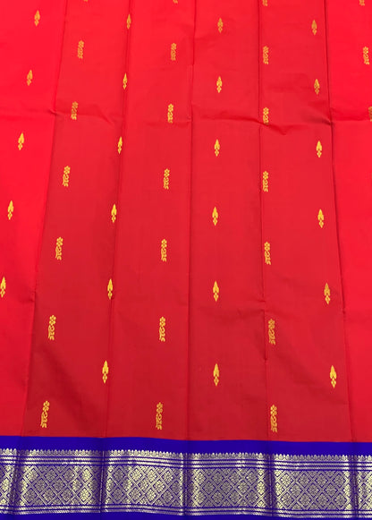 Semi Silk Saree Red Colour with Blue and Gold Zari Border
