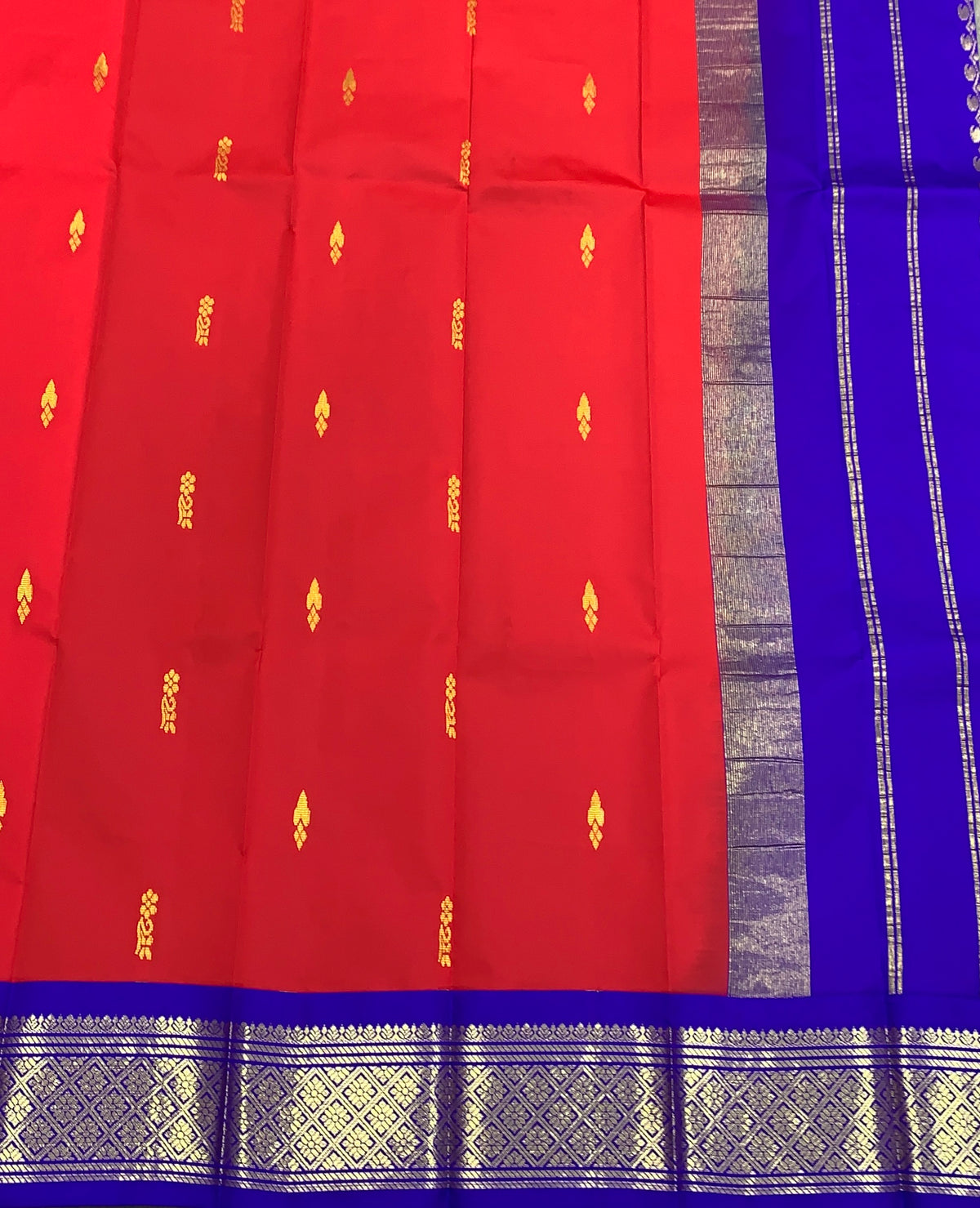 Semi Silk Saree Red Colour with Blue and Gold Zari Border