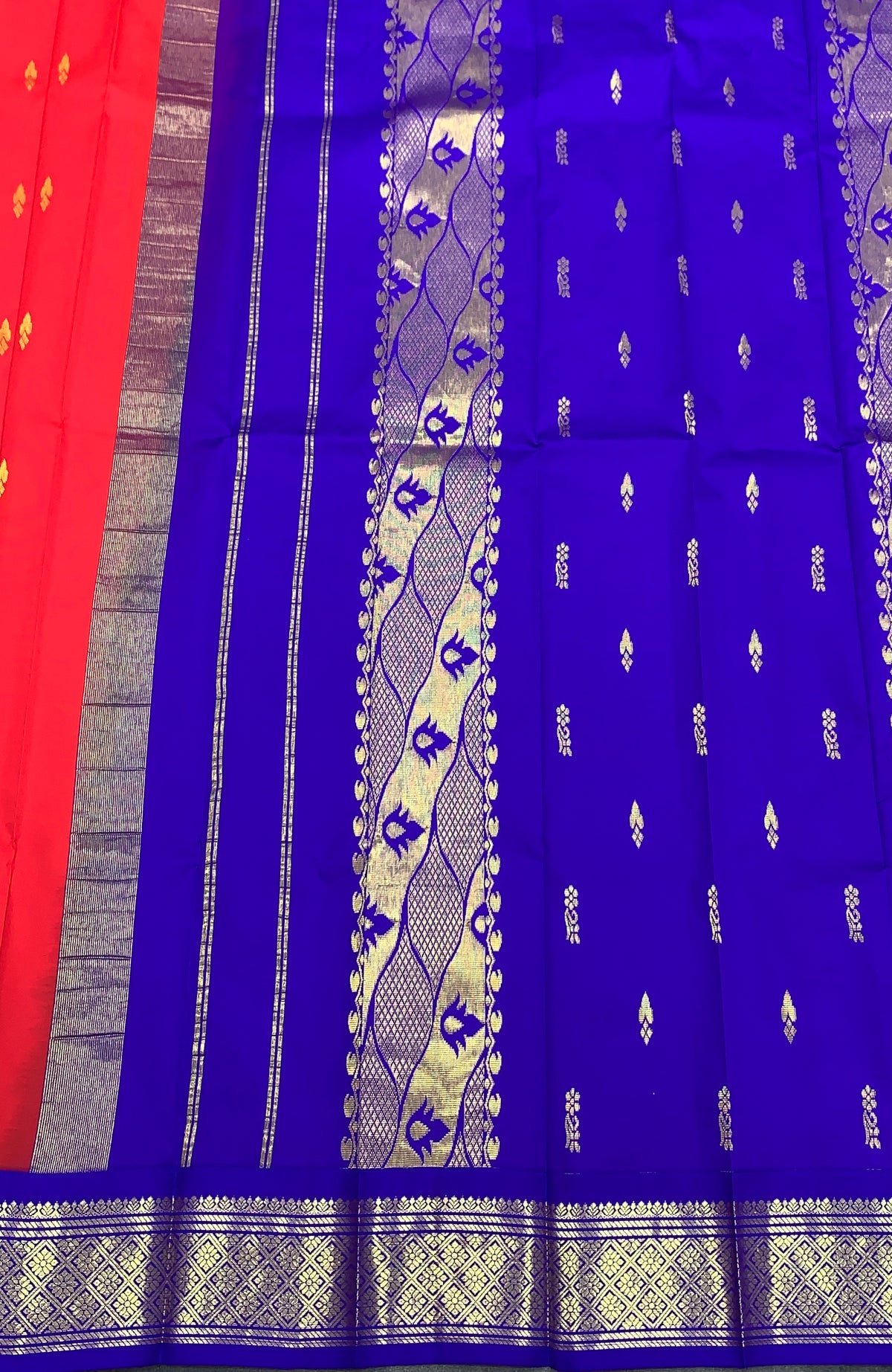 Semi Silk Saree Red Colour with Blue and Gold Zari Border