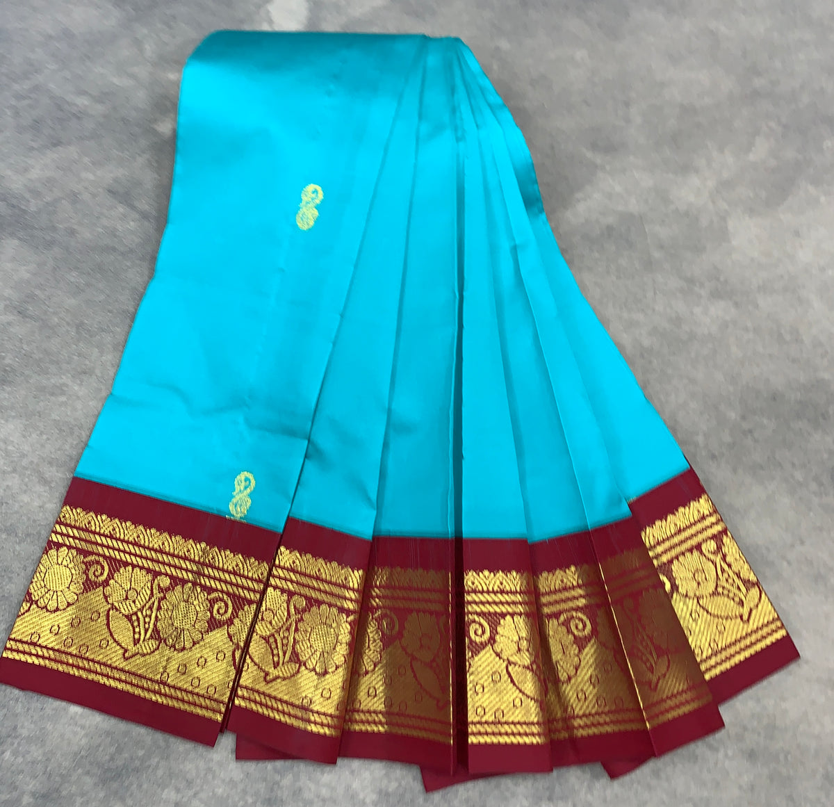 Semi Silk Saree Sky Blue Colour with Maroon and Gold Zari Border