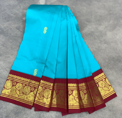 Semi Silk Saree Sky Blue Colour with Maroon and Gold Zari Border