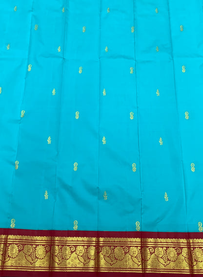 Semi Silk Saree Sky Blue Colour with Maroon and Gold Zari Border