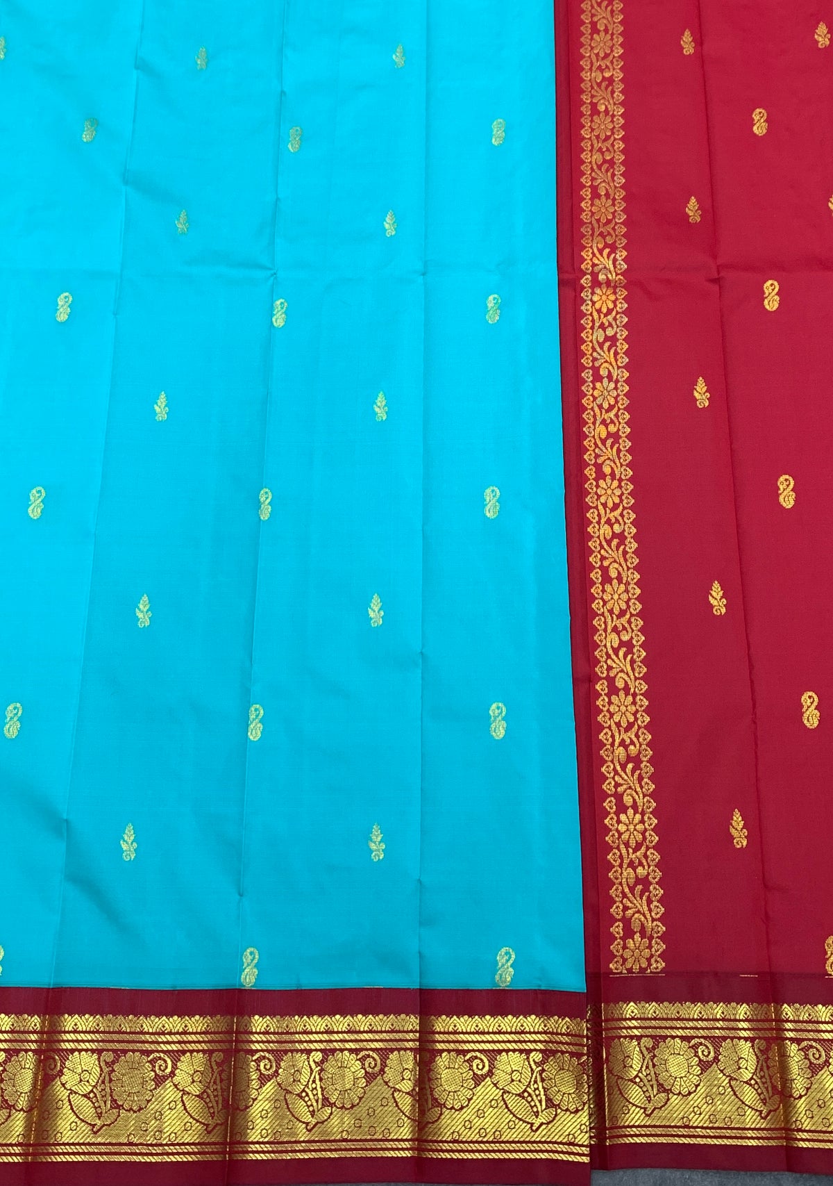 Semi Silk Saree Sky Blue Colour with Maroon and Gold Zari Border