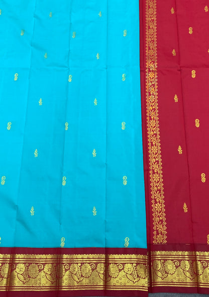 Semi Silk Saree Sky Blue Colour with Maroon and Gold Zari Border