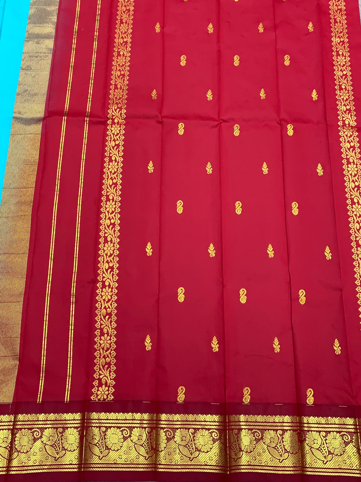 Semi Silk Saree Sky Blue Colour with Maroon and Gold Zari Border