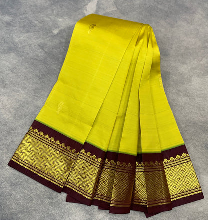Semi Silk Saree Lime Green Colour with Brown and Gold Zari Border