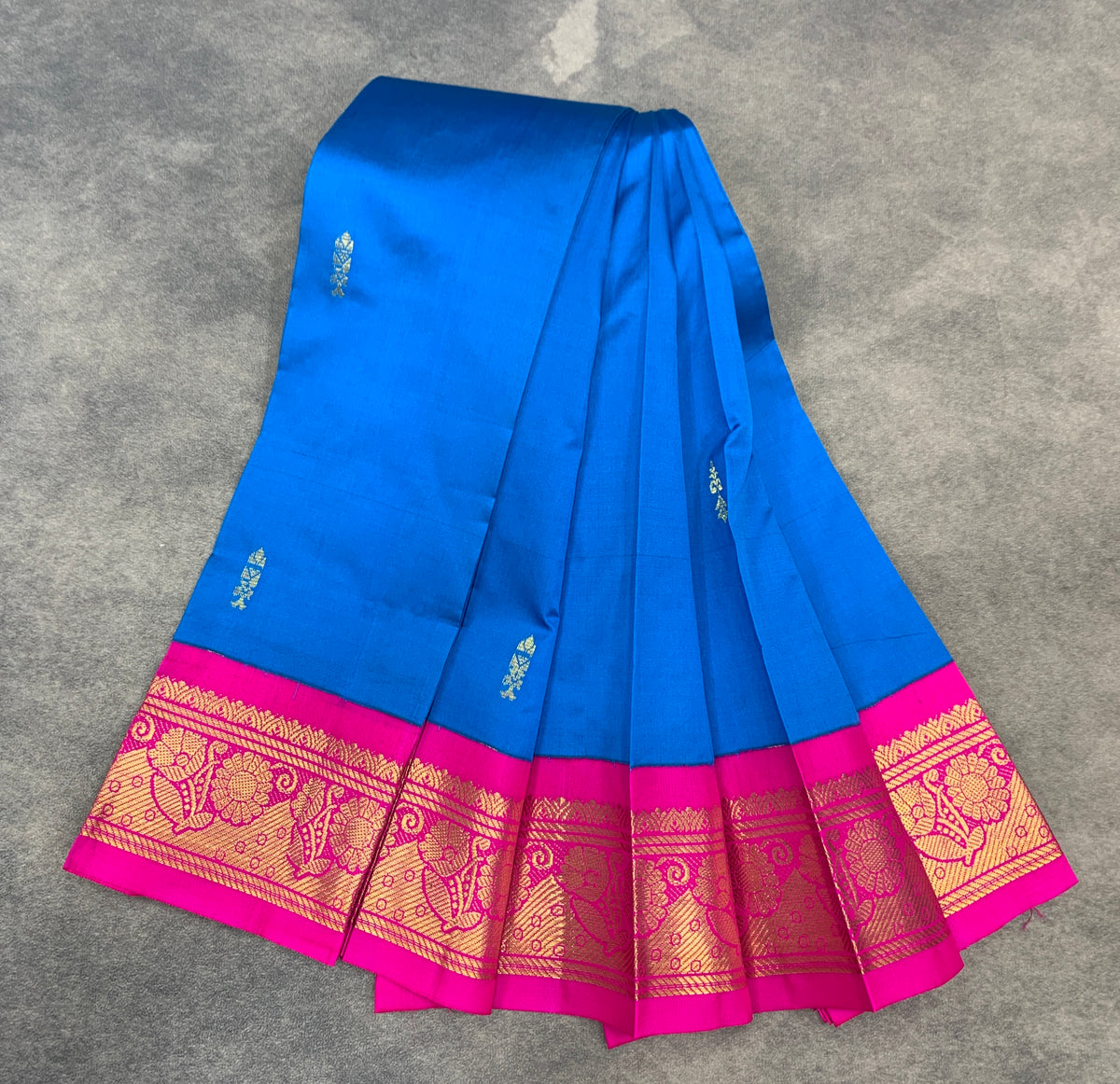 Semi Silk Saree Sky Blue Colour with Pink and Gold Zari Border