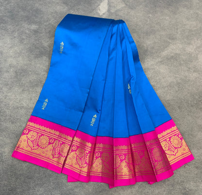 Semi Silk Saree Sky Blue Colour with Pink and Gold Zari Border