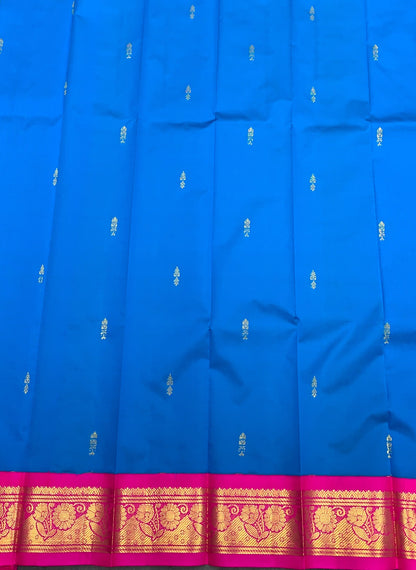 Semi Silk Saree Sky Blue Colour with Pink and Gold Zari Border