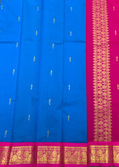 Semi Silk Saree Sky Blue Colour with Pink and Gold Zari Border