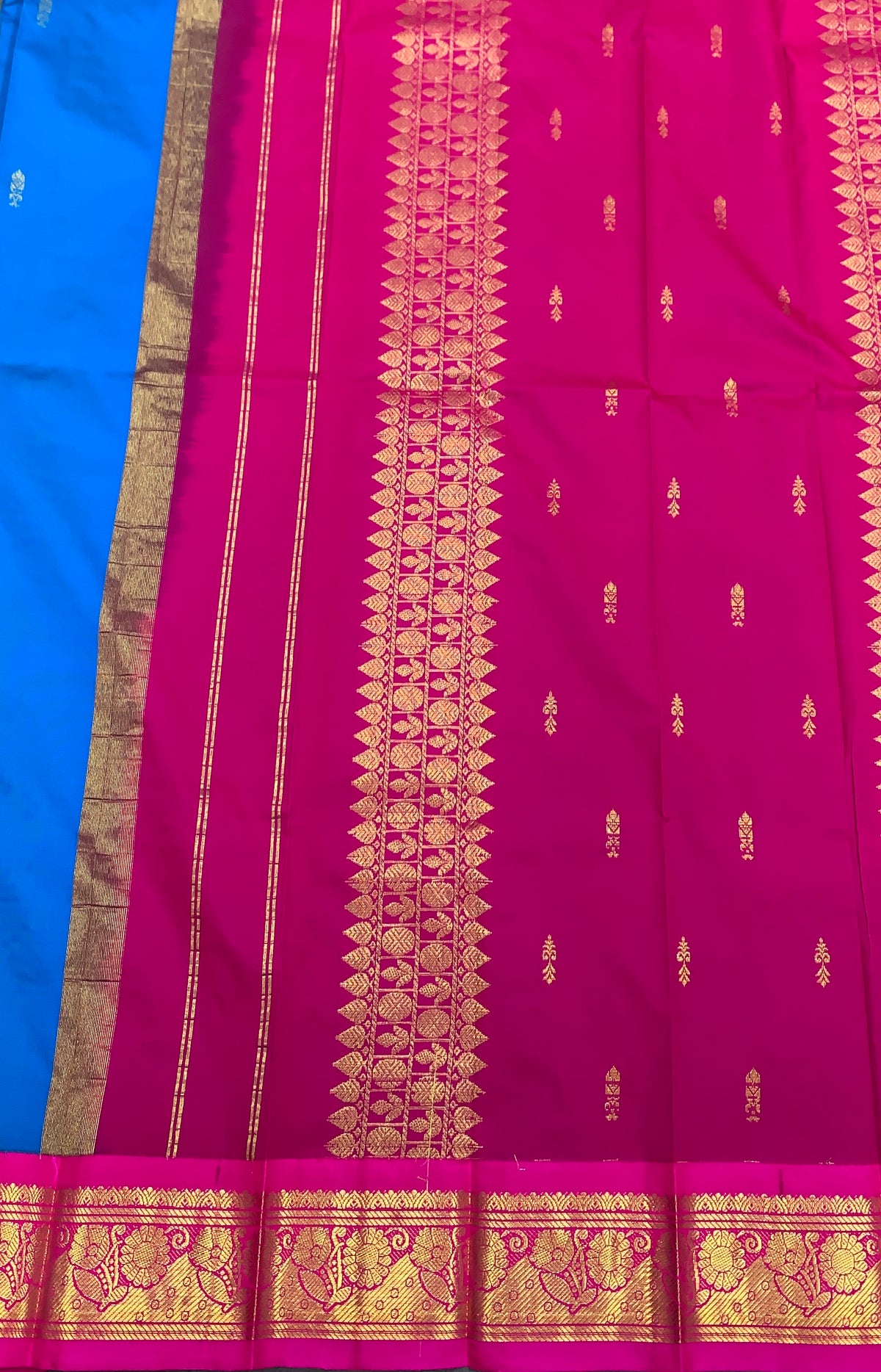 Semi Silk Saree Sky Blue Colour with Pink and Gold Zari Border