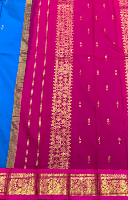 Semi Silk Saree Sky Blue Colour with Pink and Gold Zari Border