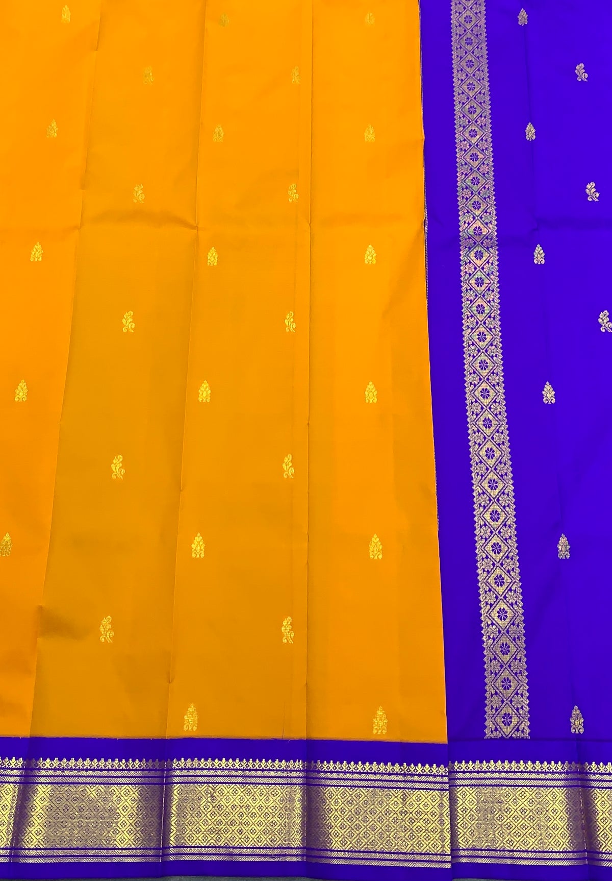 Semi Silk Saree Golden Mustard Colour with Blue and Gold Zari Border