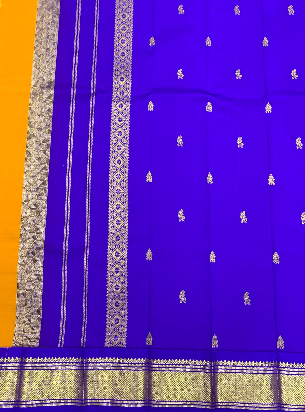 Semi Silk Saree Golden Mustard Colour with Blue and Gold Zari Border