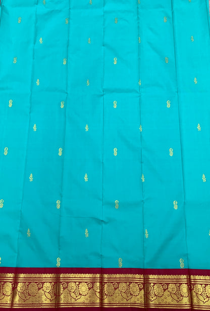 Semi Silk Saree Sapphire Colour with Maroon and Gold Zari Border