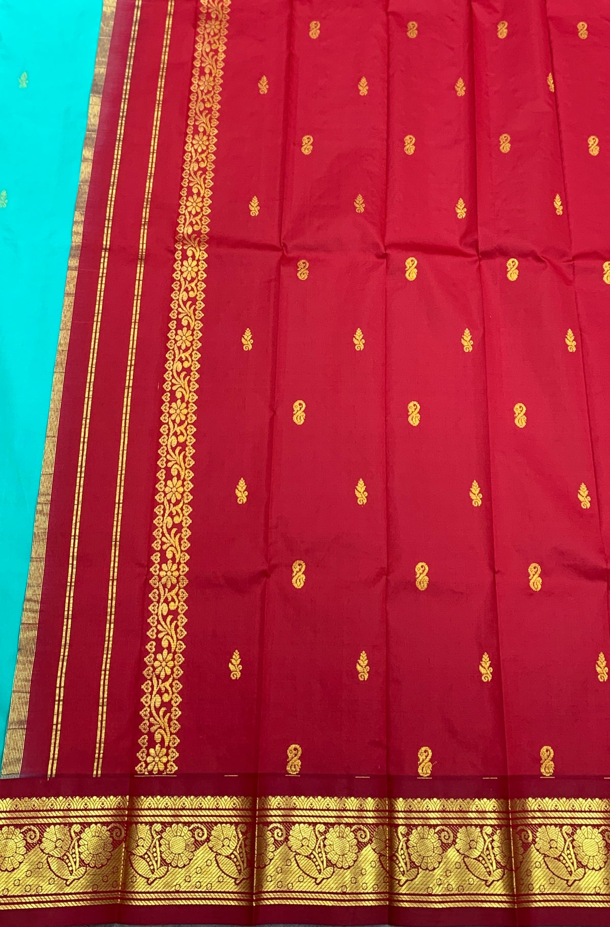 Semi Silk Saree Sapphire Colour with Maroon and Gold Zari Border