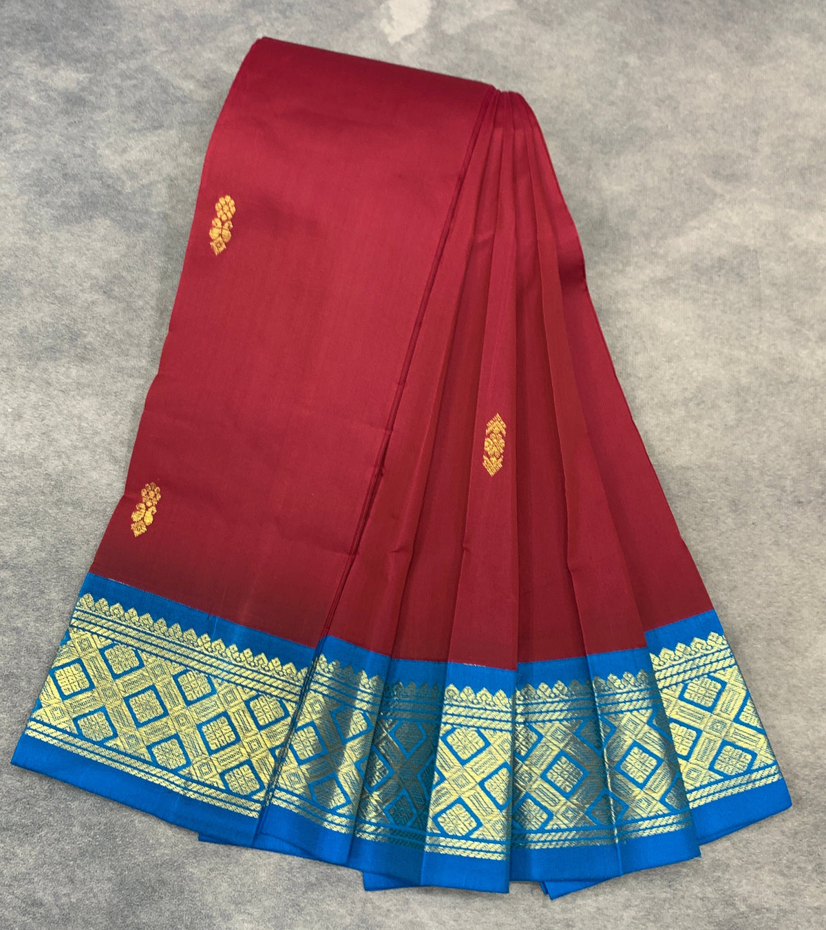 Semi Silk Saree Maroon Colour with Sky Blue and Gold Zari Border