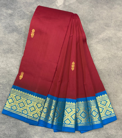 Semi Silk Saree Maroon Colour with Sky Blue and Gold Zari Border