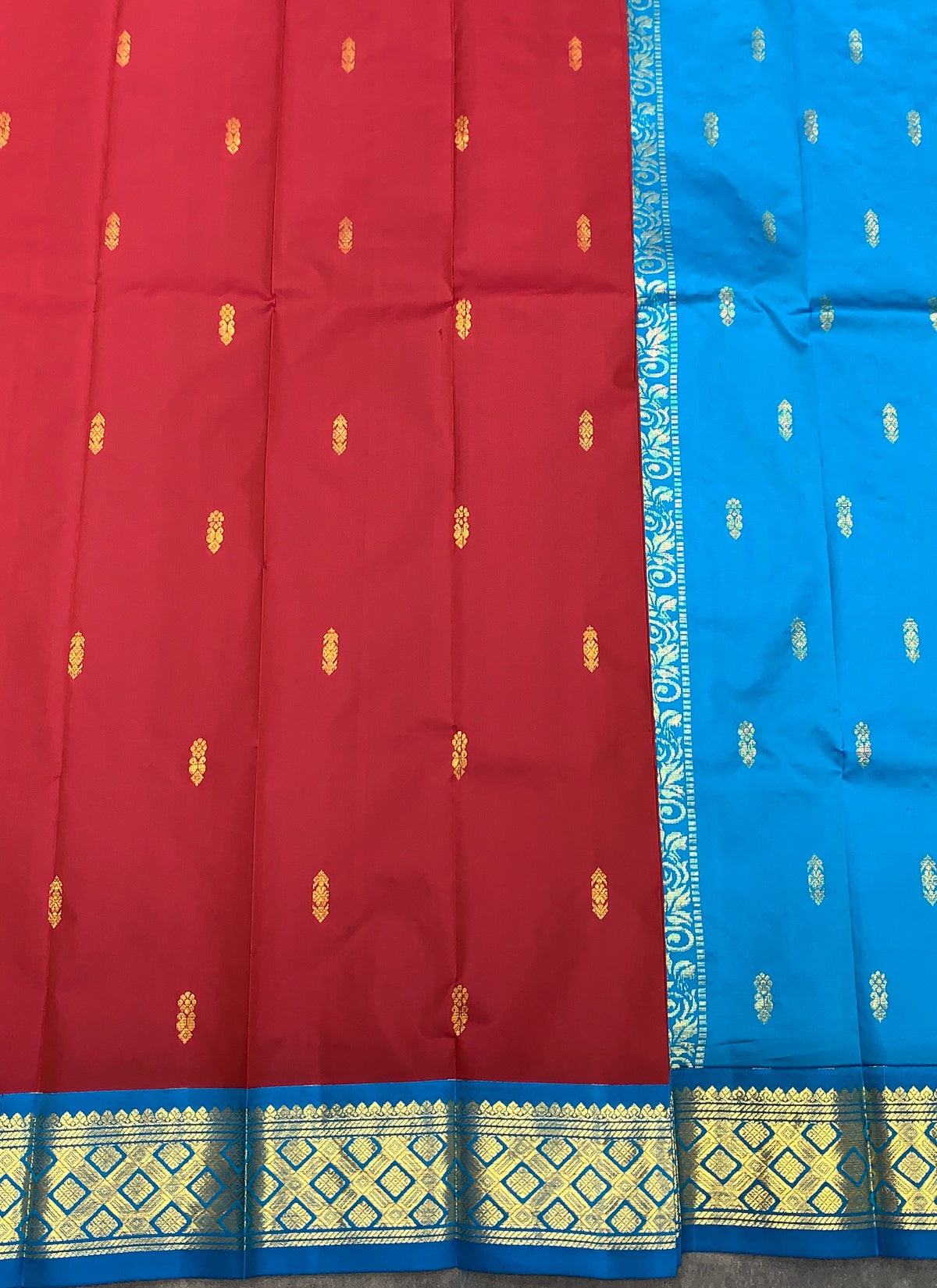 Semi Silk Saree Maroon Colour with Sky Blue and Gold Zari Border