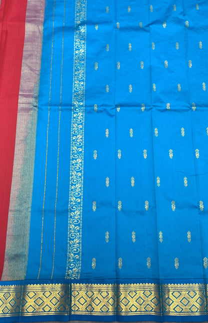 Semi Silk Saree Maroon Colour with Sky Blue and Gold Zari Border