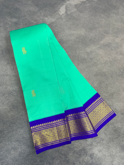 Semi Silk Saree Mint Green Colour with Blue and Gold Zari Border