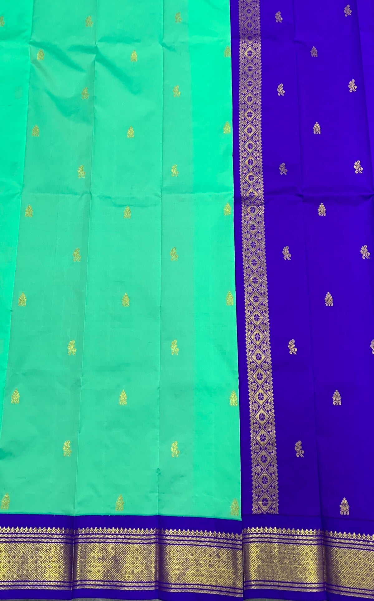 Semi Silk Saree Mint Green Colour with Blue and Gold Zari Border