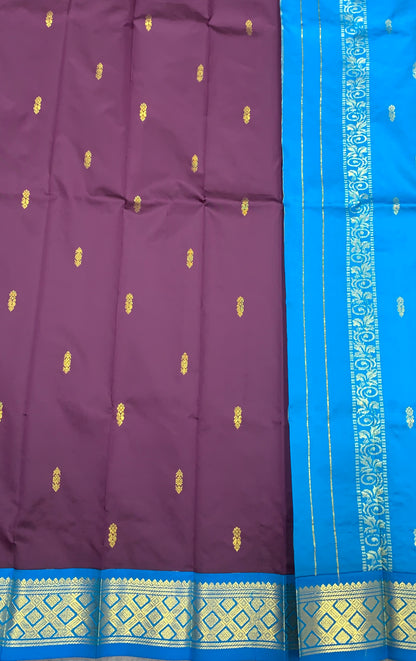 Semi Silk Saree Brown Colour with Sky Blue and Gold Zari Border