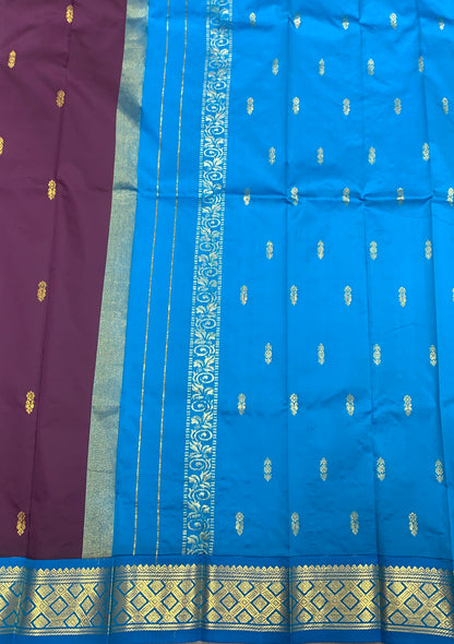 Semi Silk Saree Brown Colour with Sky Blue and Gold Zari Border