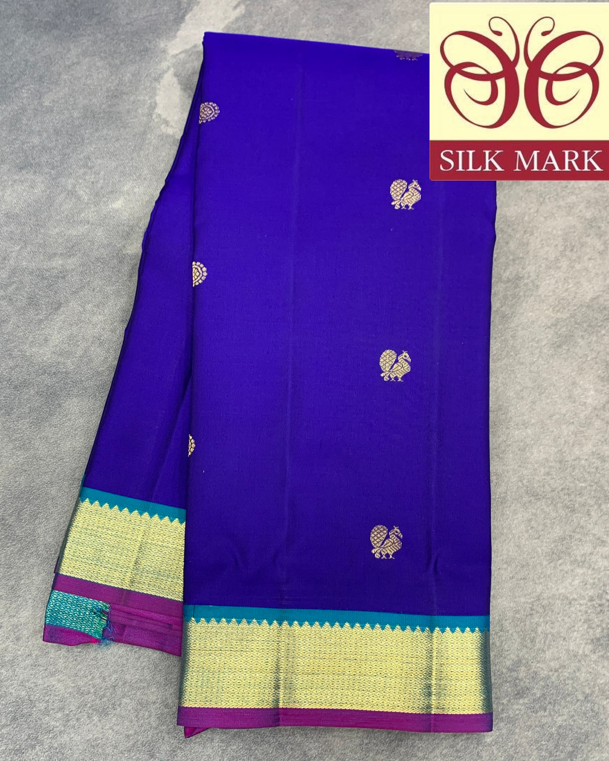 Pure Kanchipuram Silk Ink Blue Colour with Golden Zari Border