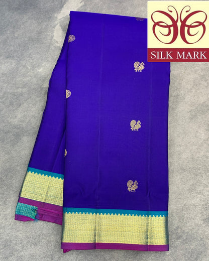 Pure Kanchipuram Silk Ink Blue Colour with Golden Zari Border