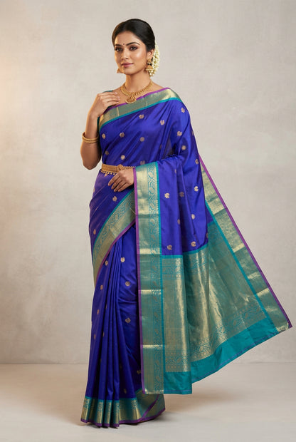 Pure Kanchipuram Silk Ink Blue Colour with Golden Zari Border