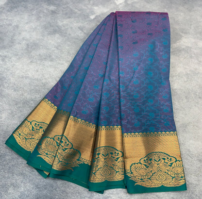 Poly Cotton Saree Peacock Blue Colour with Copper Zari Border