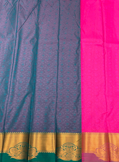 Poly Cotton Saree Peacock Blue Colour with Copper Zari Border