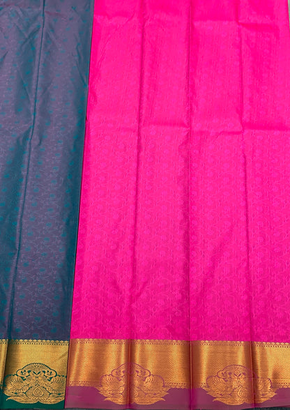 Poly Cotton Saree Peacock Blue Colour with Copper Zari Border