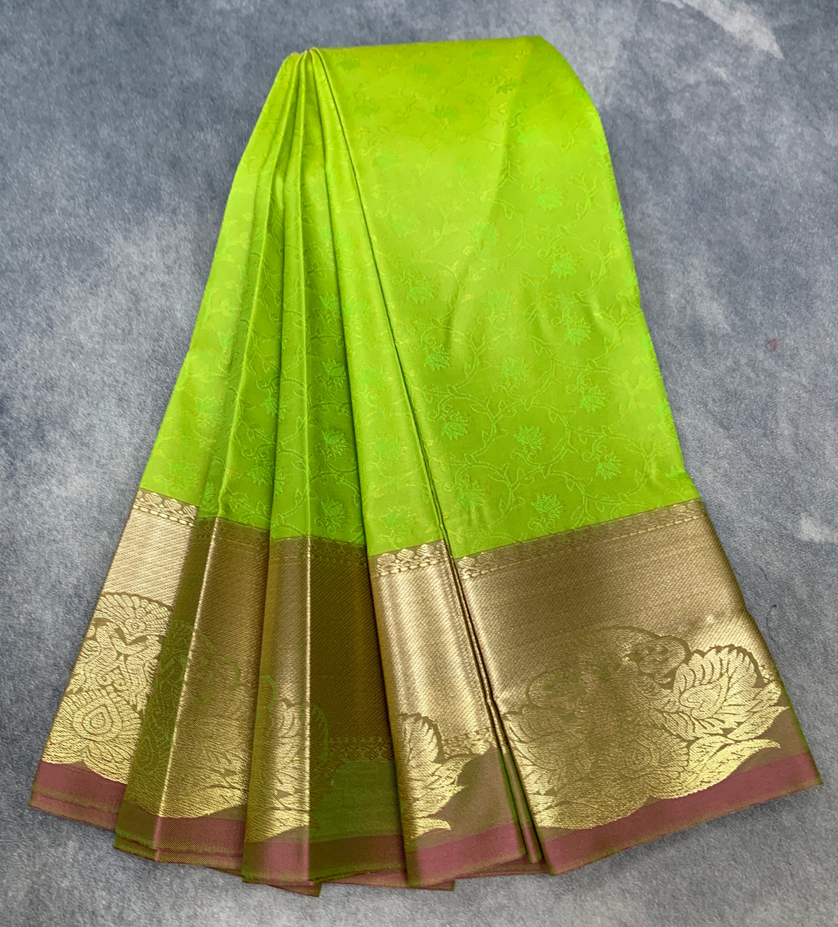 Poly Cotton Saree Apple Green Colour with Copper Border