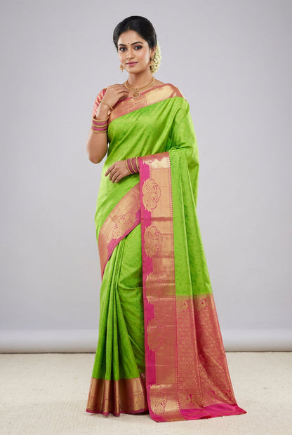 Poly Cotton Saree Apple Green Colour with Copper Border